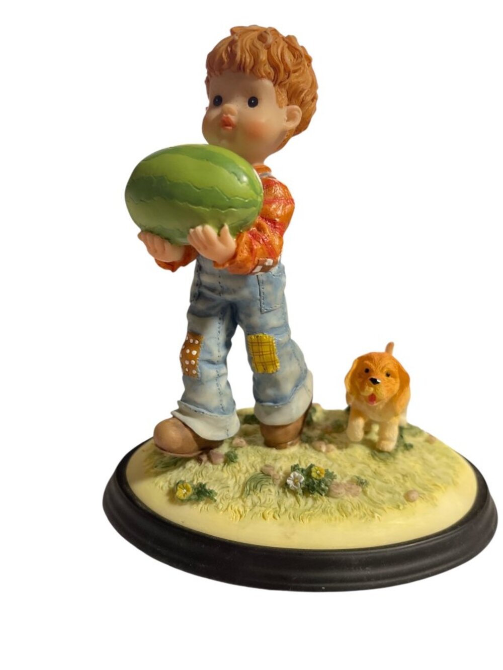 Sarah Kay From The Garden Figurine Boy Holding Watermelon w/ Dog Resin VTG 1980s
